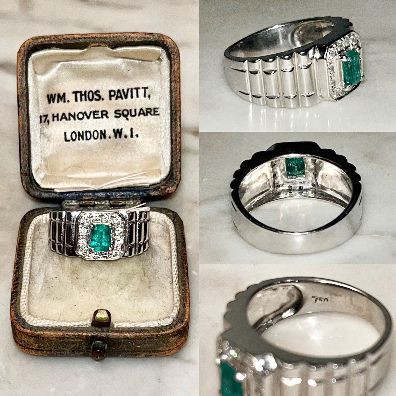 vintage 18ct white gold art-deco design emerald ring surrounded by diamonds
