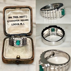 vintage 18ct white gold art-deco design emerald ring surrounded by diamonds