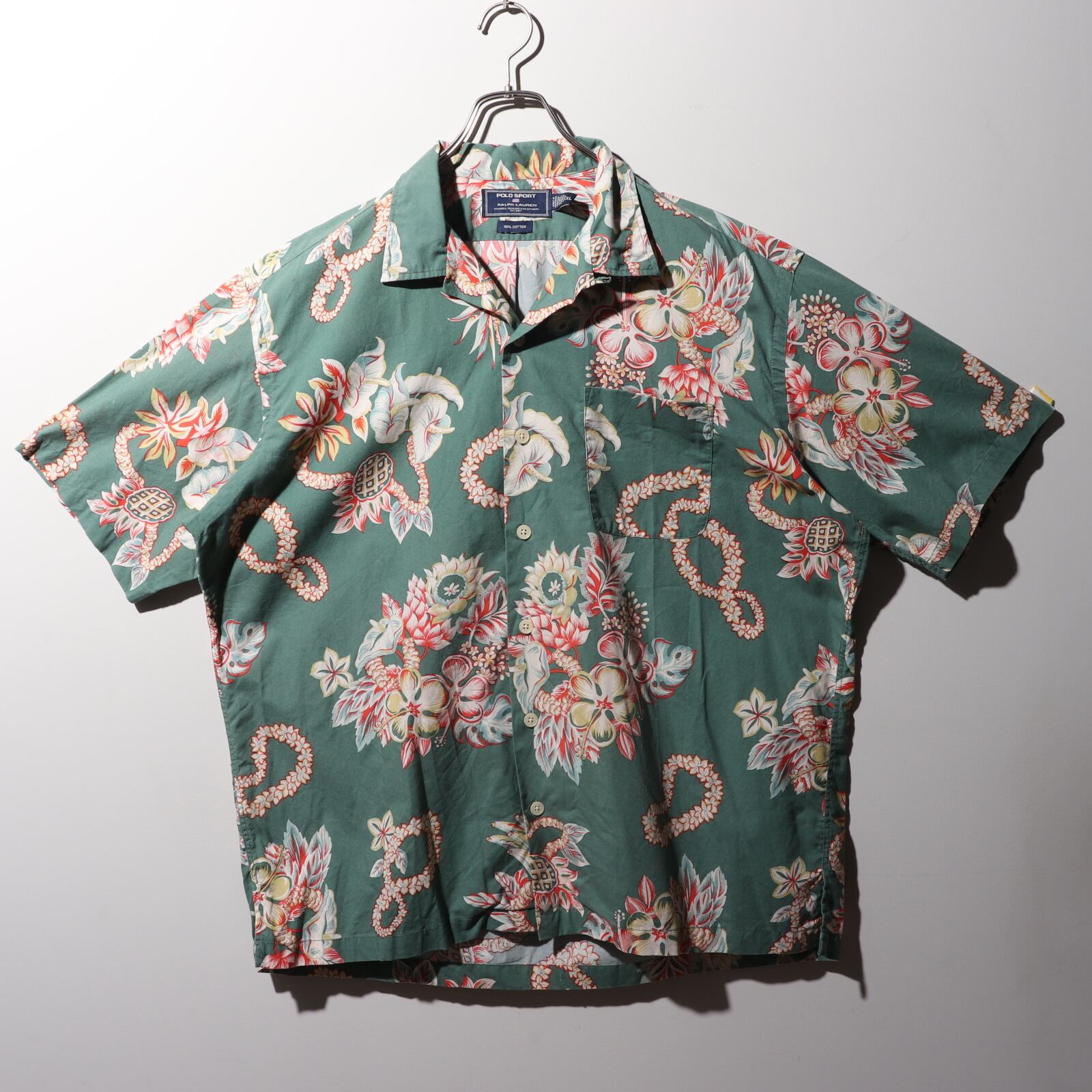 美品 XL Polo Sport 半袖開襟 アロハシャツ 緑 ポロスポーツ 総柄 