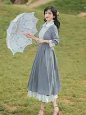 【0152】Gray Striped Pleats Long Sleeve Dress