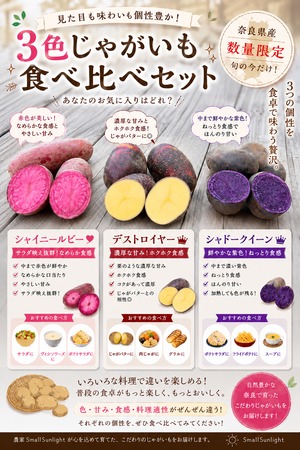 【お試しセット】見た目も味もぜんぶ違う！3種類じゃがいも食べ比べセット（奈良県産）