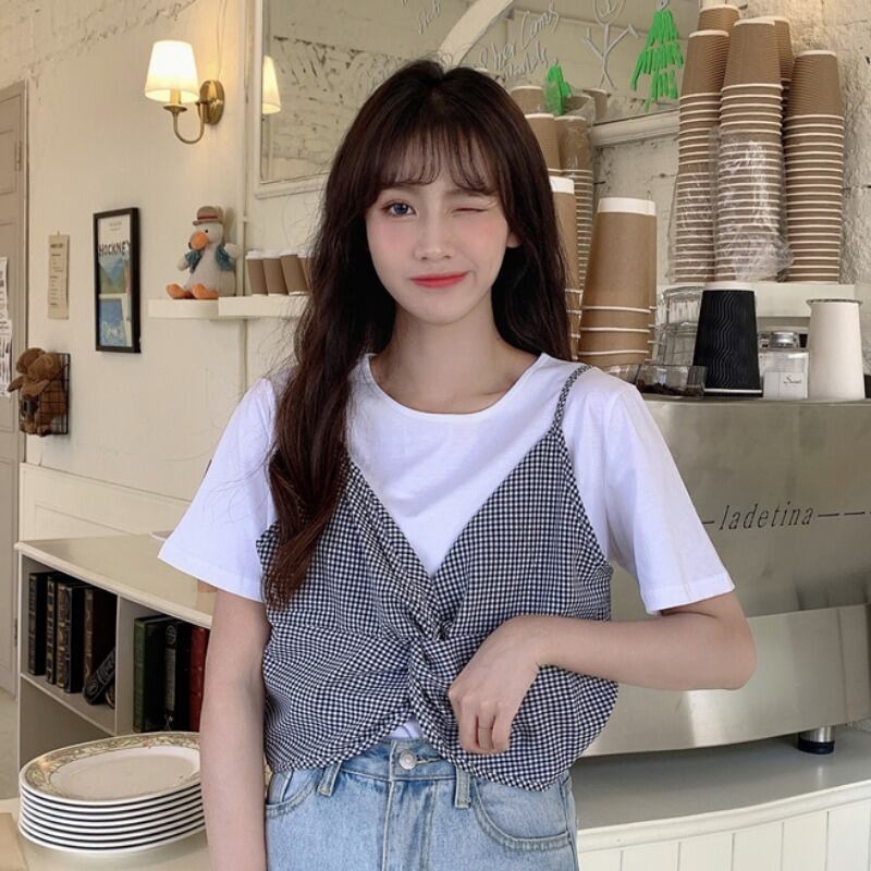 2020年夏の新しい女性バージョンのチェック柄のフェイク2枚のルーズで薄いワイルドな半袖Tシャツトップスの白いボトミングシャツ 1号婦人99705015242