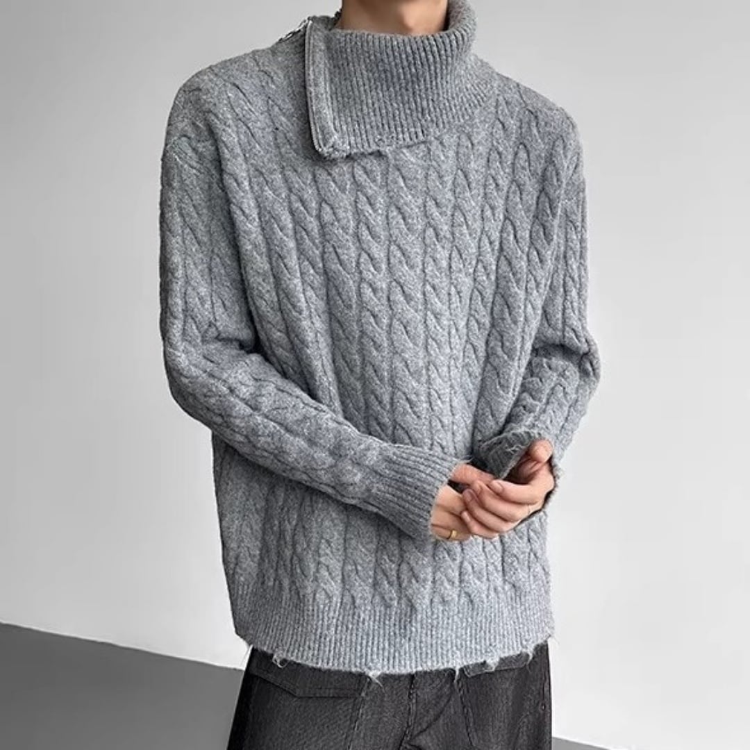 ケーブル編み ジップアップタートルネックニット D12072