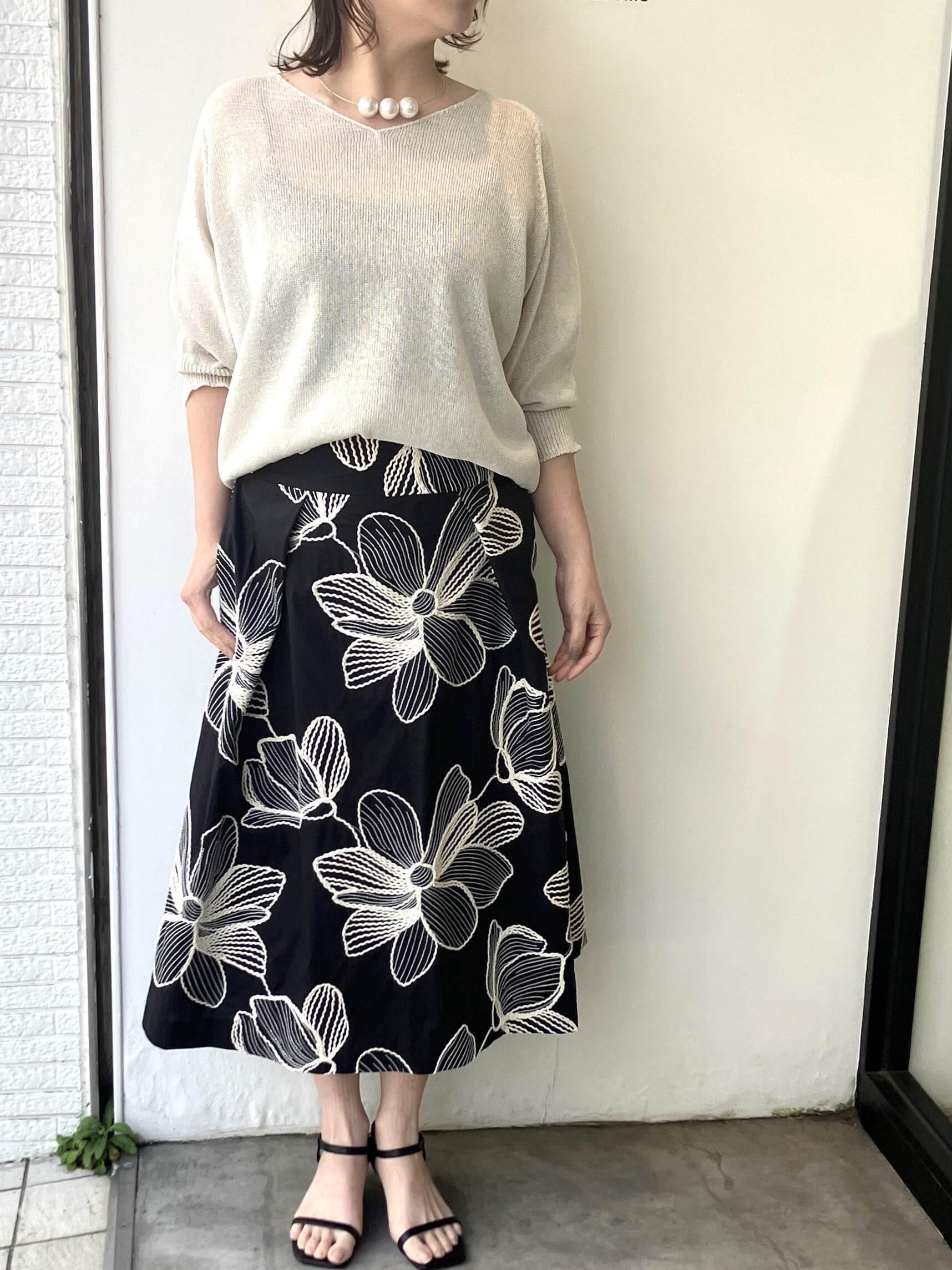 コットンビッグフラワー刺繍スカート