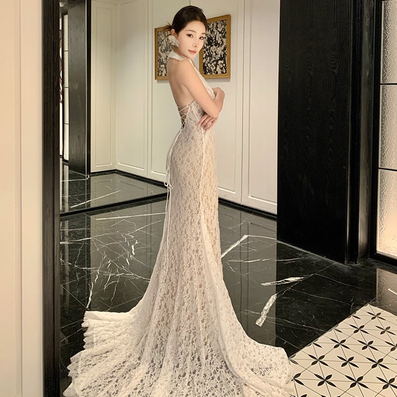 ロングドレス キャバドレス セクシー レース フリル ホルターネック バックオープン マーメイドライン パーティー JC2-XHY9895