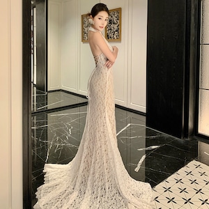 ロングドレス キャバドレス セクシー レース フリル ホルターネック バックオープン マーメイドライン パーティー JC2-XHY9895