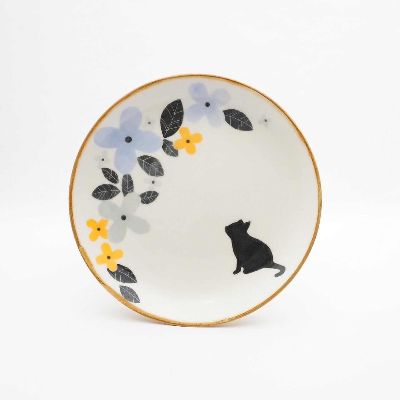 【久保島 利恵】黒猫花中皿青約16cm A-11