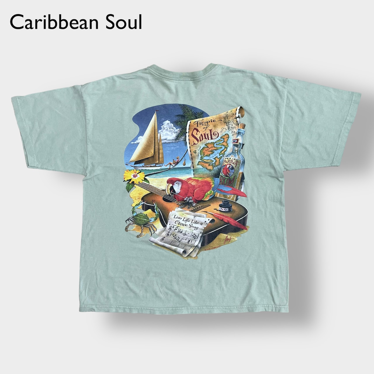 【Caribbean Soul】バックプリント Tシャツ 両面プリント イラスト コピーライト2002 X-LARGE ミント カリビアン 海 オウム ヨット 楽譜 ギター 地図 半袖 夏物 US古着