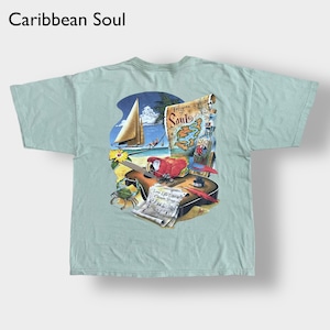 【Caribbean Soul】バックプリント Tシャツ 両面プリント イラスト コピーライト2002 X-LARGE ミント カリビアン 海 オウム ヨット 楽譜 ギター 地図 半袖 夏物 US古着