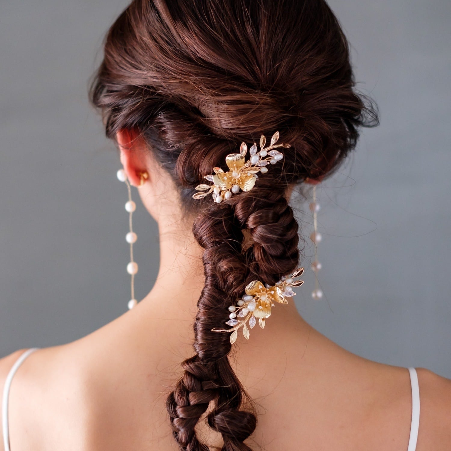 H-207 ウェディング アクセサリー【淡水パール&ジルコニア ゴールド フラワー 2P ヘッドドレス】ブライダル 髪飾り