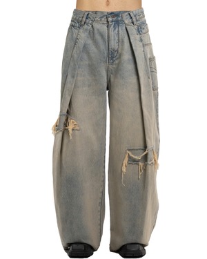 FENG CHEN WANG / LIGHT BLUE WASHED DECONSTRUCTED DENIM PANTS