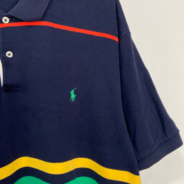 90s Ralph Lauren マルチボーダー柄半袖ポロシャツ　ポニー　XL
