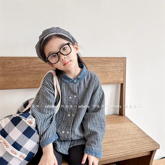 二重ボタンのストライプ ブラウス