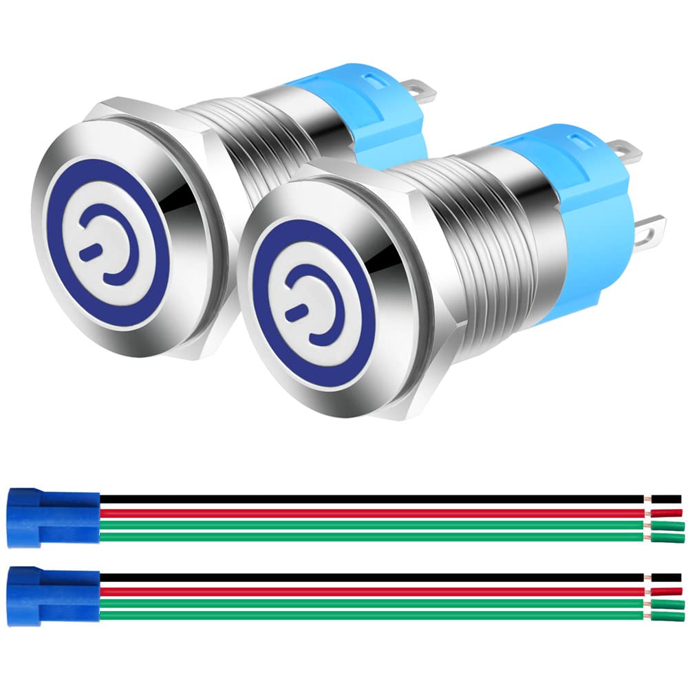 Gebildet 2個 12mm 12V-24V 3A ステンレス鋼セルフロッキングラッチプッシュボタンスイッチ電源記号LEDノーマルオープンSPSTオンオフワイヤーソケットプラグ付き防水(青色LED)
