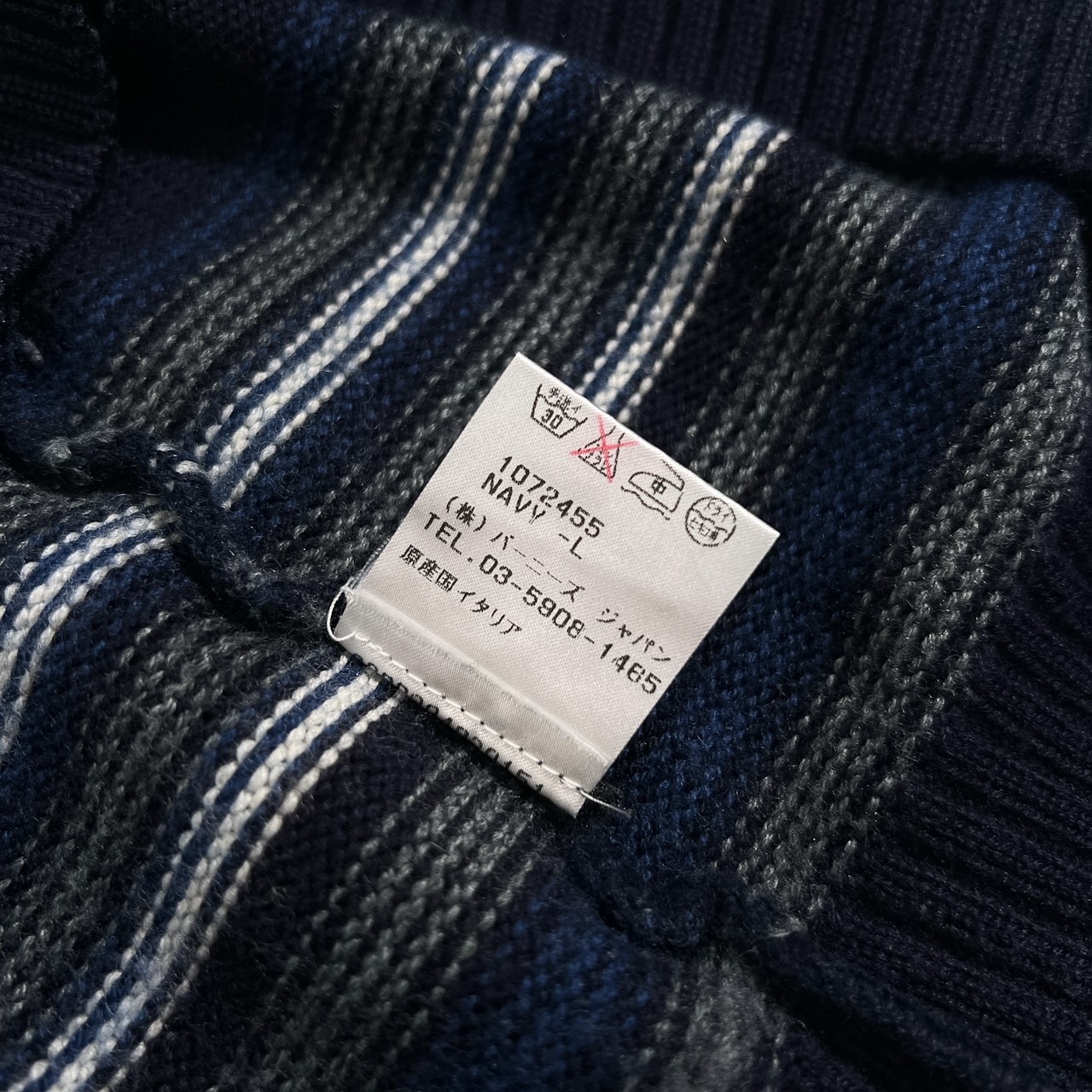 イタリア製 バーニーズジャパン ハーフジップ ボーダー柄 ウールニットセーター サイズ 50 L /ネイビー ブルー 系