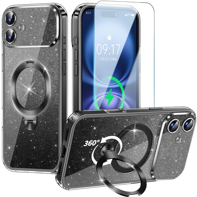 【新設計のフルカバーカメラレンズ保護 ・輝く背面デザイン】 Rosycover iPhone 17 用 ケース (ブラック)
