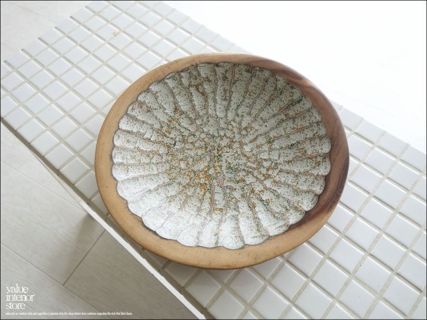 モンキーポッド総無垢材 デコレーショントレイGY 菓子鉢 小物入れ 飾り皿 木製 手作り エスニック ハンドメイド 一点物 直径25cm