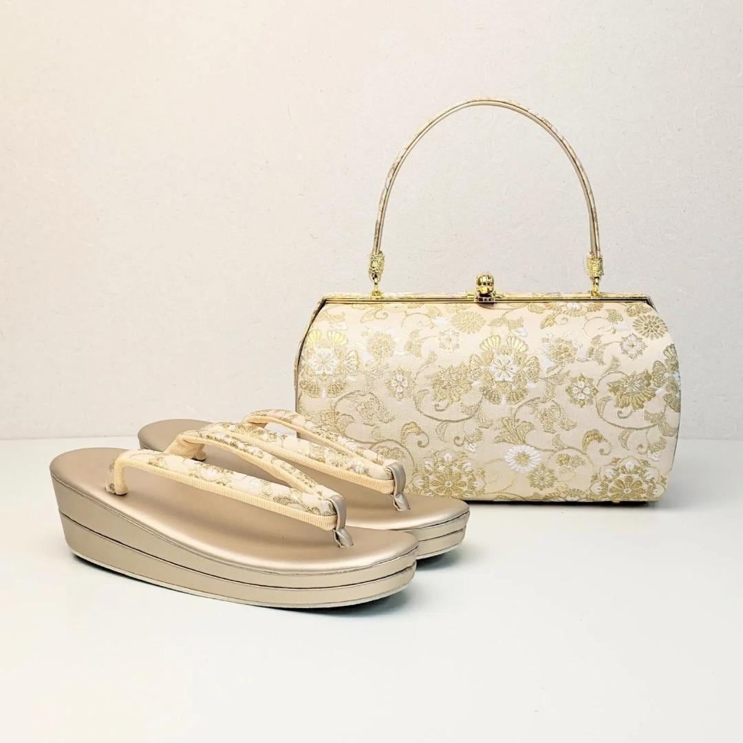 草履バッグセット 振袖 帯地 白 ベージュ フリーサイズ 三枚芯 w47-3