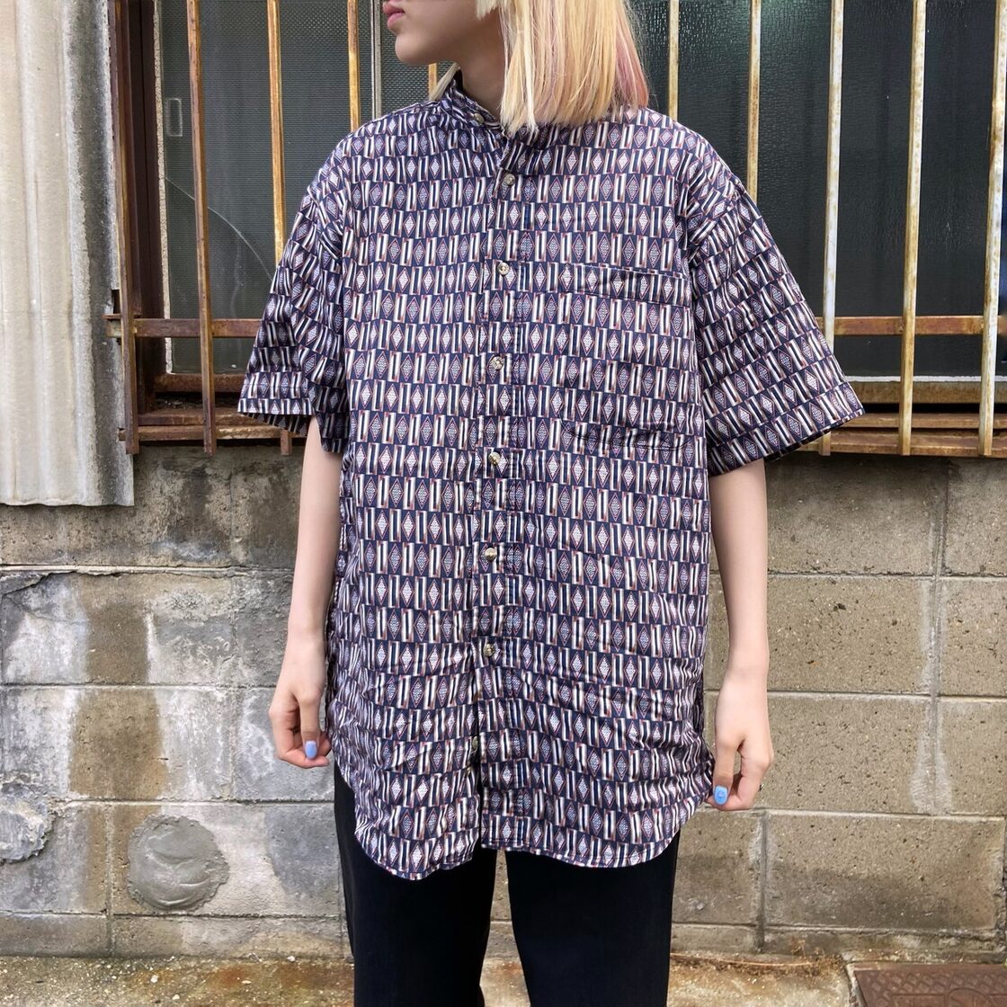 TRADER BAY 半袖 コットン バンドカラー 小紋柄 総柄シャツ メンズL 