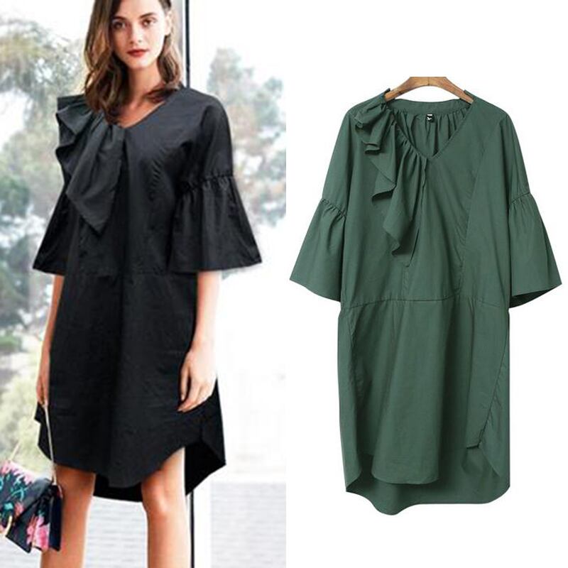 Vネック 五分袖 フレアスリーブ フリル ワンピース