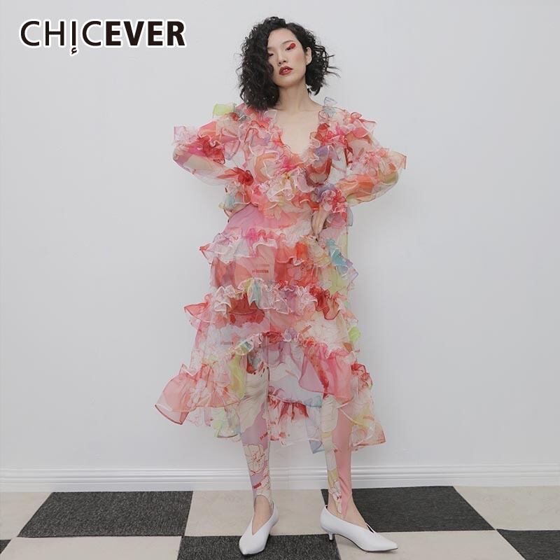 CHICEVERプリントドレスレディースVネックバタフライ長袖パッチワークフリルヒットカラーAラインドレス2020タイド ロング ラッフル 6base522312900857