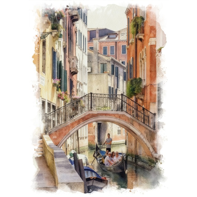 絵画 風景画(街並み) イタリア ヴァネツィア運河 インテリアアート額付き 水彩画・油絵風 WAT0890