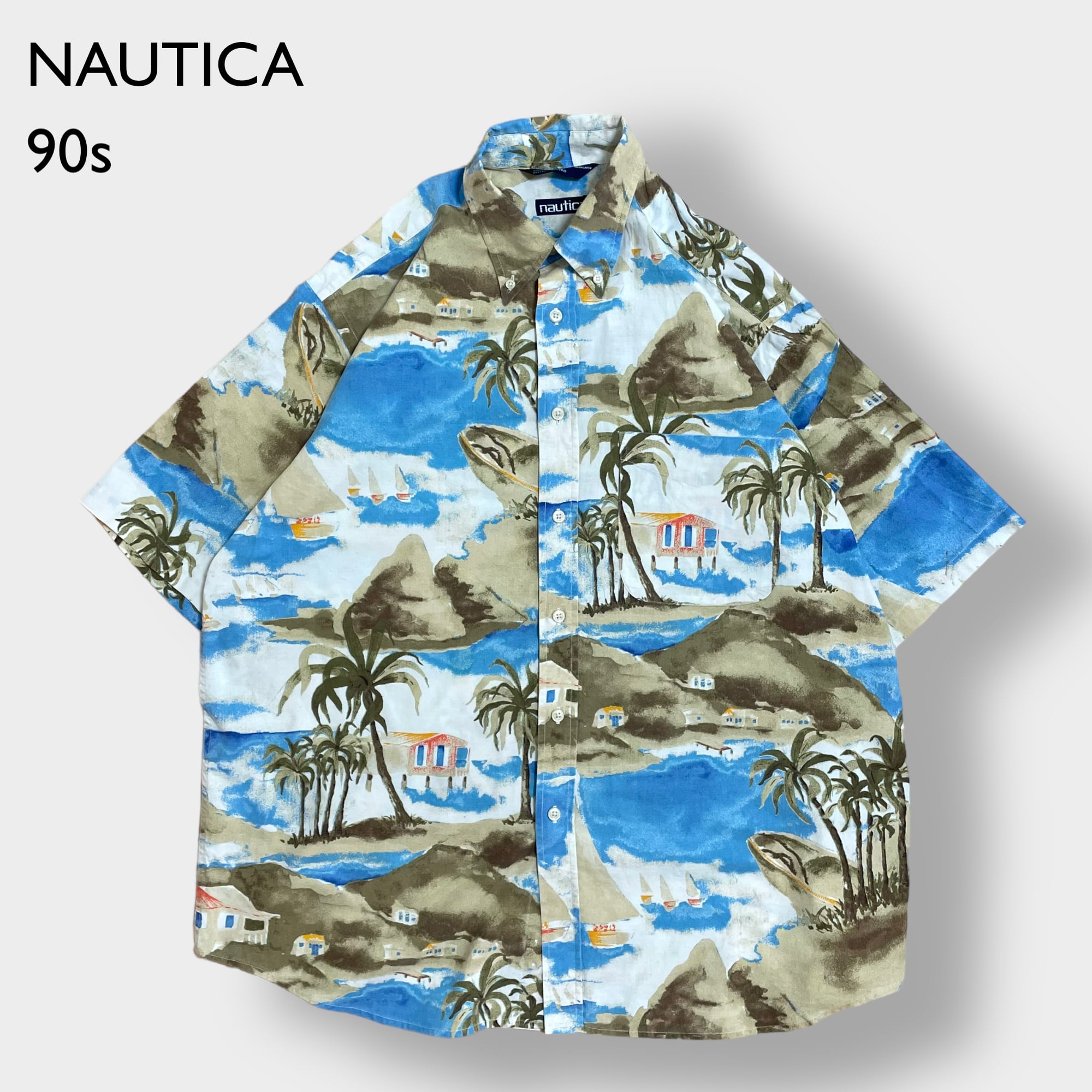 【90s ノーティカ】サイズLデニム襟半袖刺繍 ビッグシャツ 緑 nautica