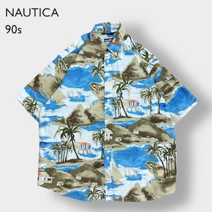 【NAUTICA】90s 旧タグ アロハシャツ 半袖 シャツ 柄シャツ ボタンダウン 総柄 オールパターン L ビッグサイズ ノーティカ US古着