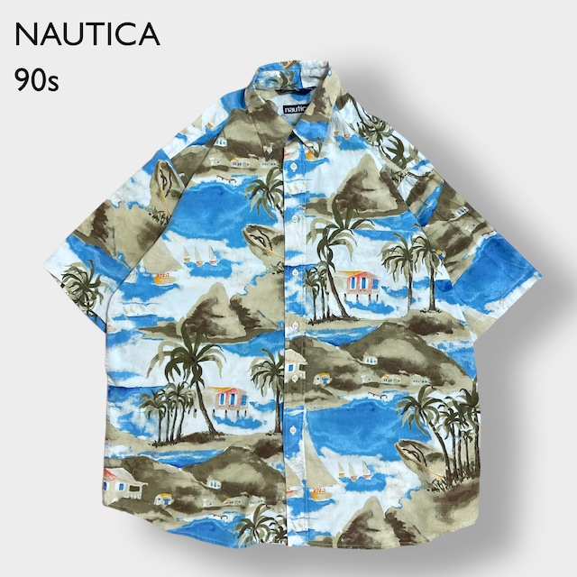 【NAUTICA】90s 旧タグ アロハシャツ 半袖 シャツ 柄シャツ ボタンダウン 総柄 オールパターン L ビッグサイズ ノーティカ US古着