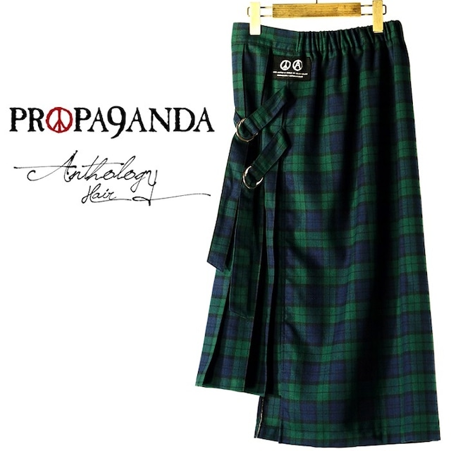 PROPA9ANDA (プロパガンダ) × Anthology Hair「CLASSIC CHECK SIDE PLEATS SKIRT」限定コラボレーション 男女兼用 キルトスカート サイドプリーツ タータンチェック ウエストゴム 緑 グリーン ブルー メンズ レディース UK パンクロック PUNKROCK バンド ステージ衣装 Rogia