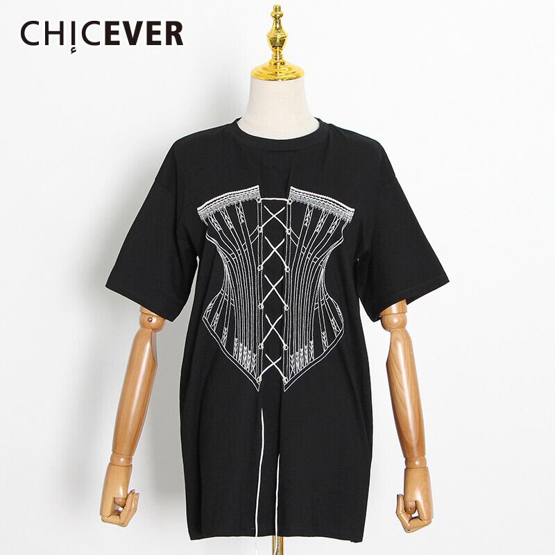 CHICEVER刺繡TシャツレディースOネック半袖プリントヒットカラーレースアップTシャツ2021夏 ショート ハーフスリーブ 刺繍 サマー 夏物 6base538003273037