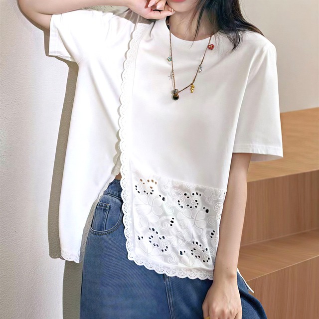 アシンメトリーレース切り替え　オーバーTシャツ　S0272 　