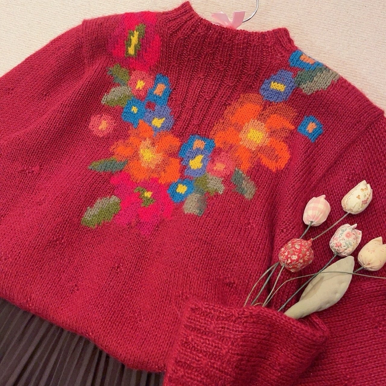 colorful flower bordeaux knit sweater