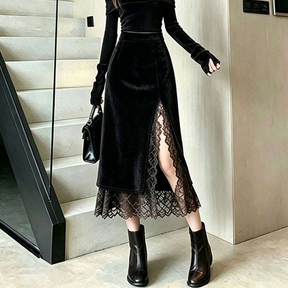 side lace slit skirt /l0972
