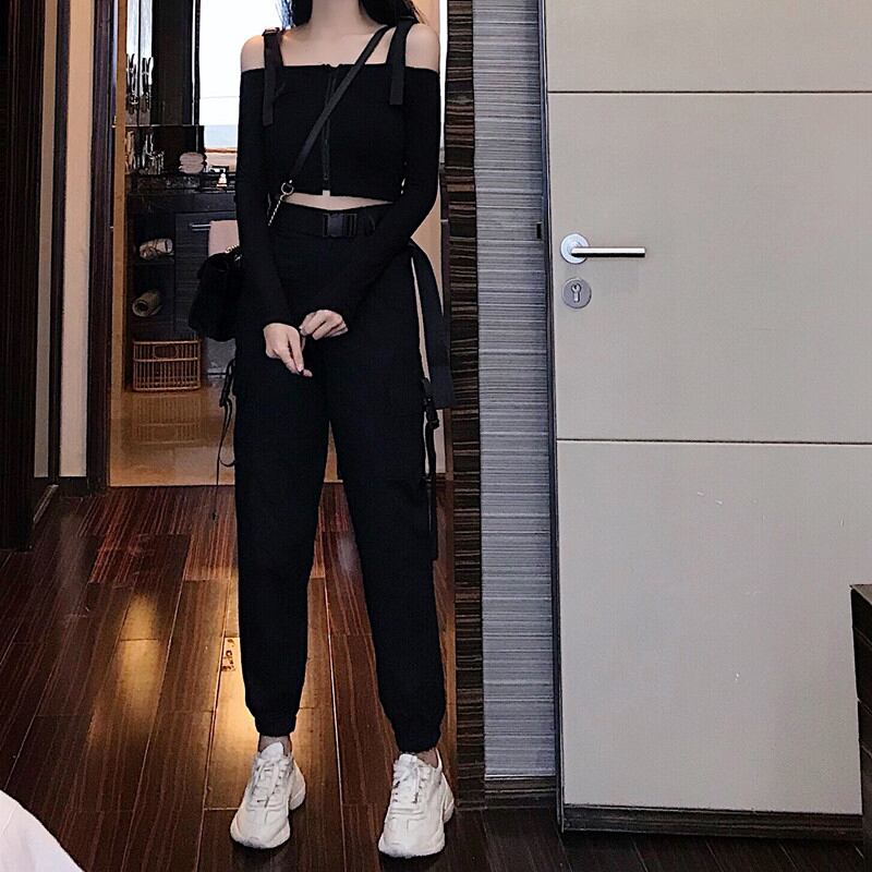 夏の女性の2020年の新しいハイウエストポケットヒップホップルーズレギンスオーバーオール+ストラップウエストTシャツ女性ツーピーススーツ YY-ファッション9272979480