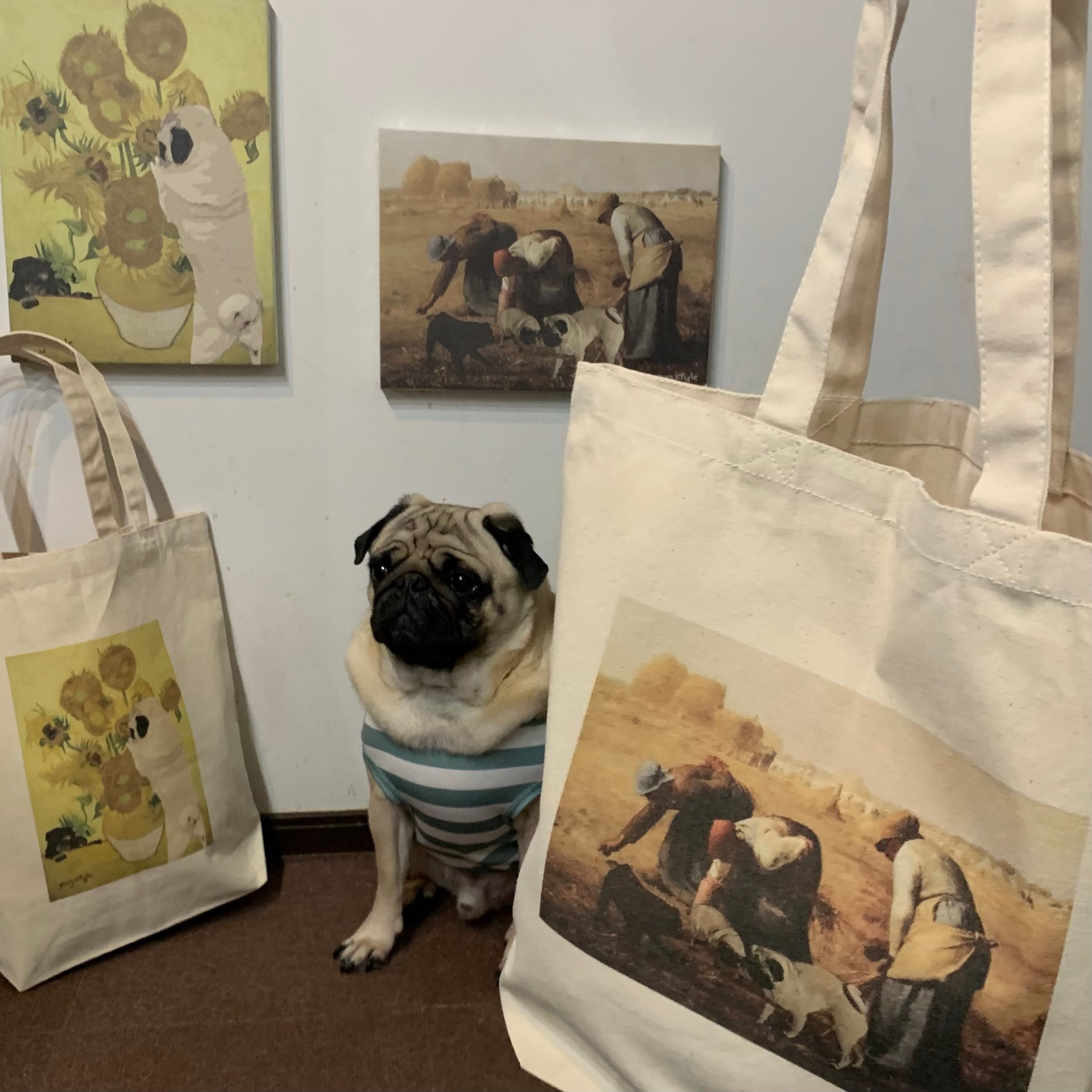 落ち穂拾いを邪魔するパグトートバッグ Mサイズ | PUG STYLE