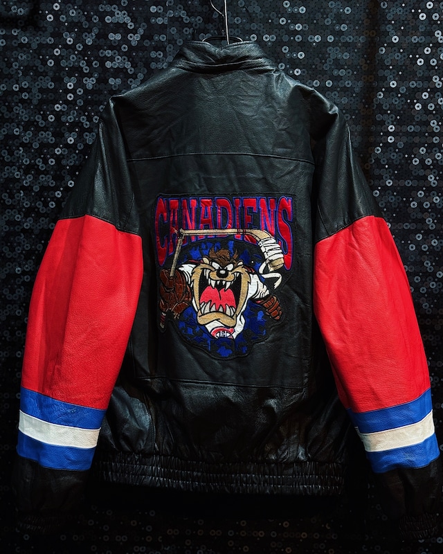 【ÆIEM】LOONEY TUNES × NHL Montreal Canadiens “Taz” front & back embroidery tricolor switching leather jacket