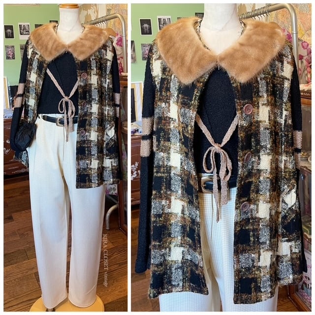 ヴィンテージ　アンゴラ　ブラウンファーコート ビーズ装飾付き フランス買付 ヴィンテージ ファー 付け襟 ミンク ブラウン | KIRA