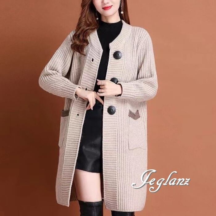 3色 ニット カーディガン フード付き 羽織り ビックボタン (MB006)τ