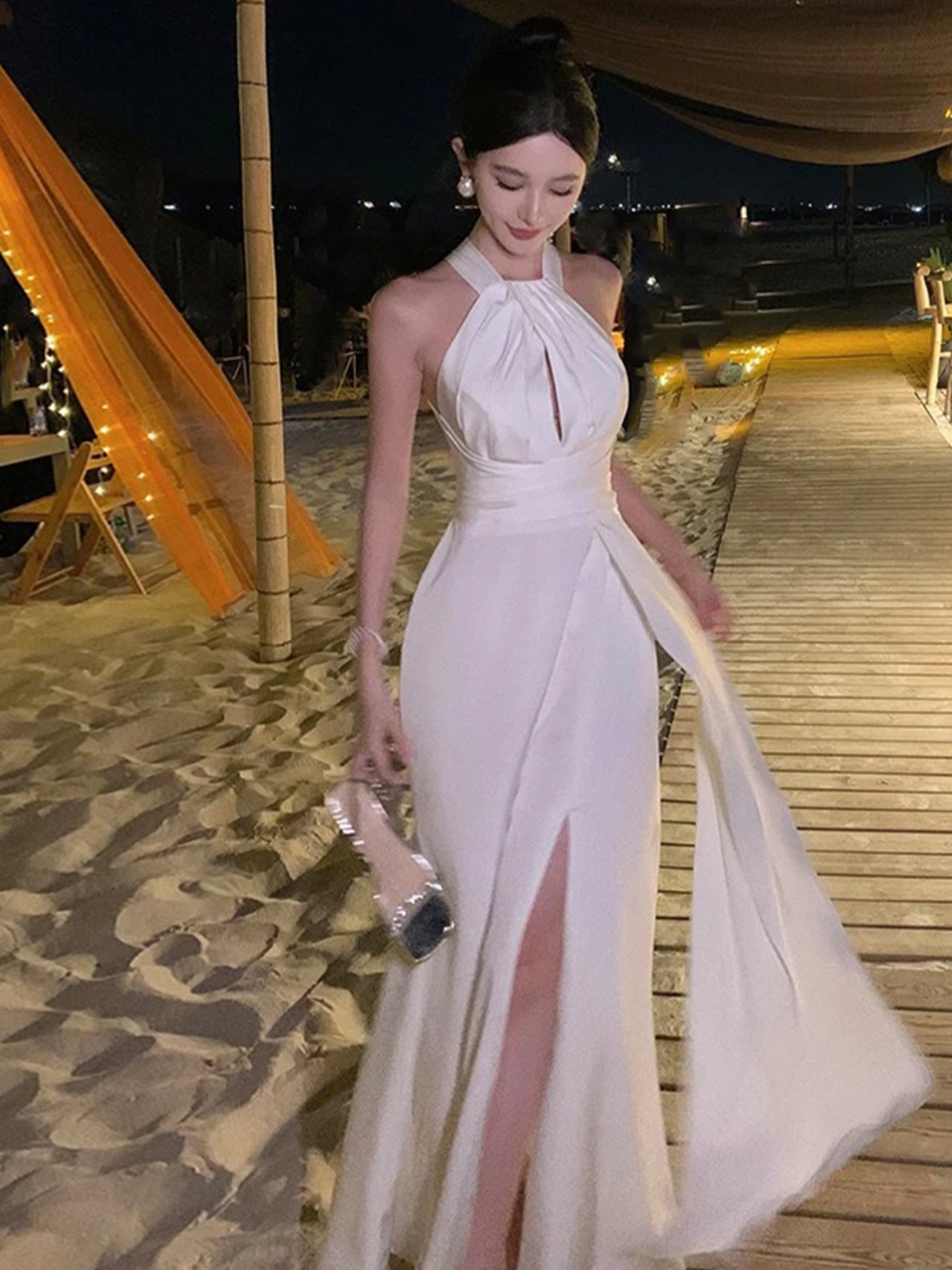 【0238】Side Slit Halter Short Sleeve Dress