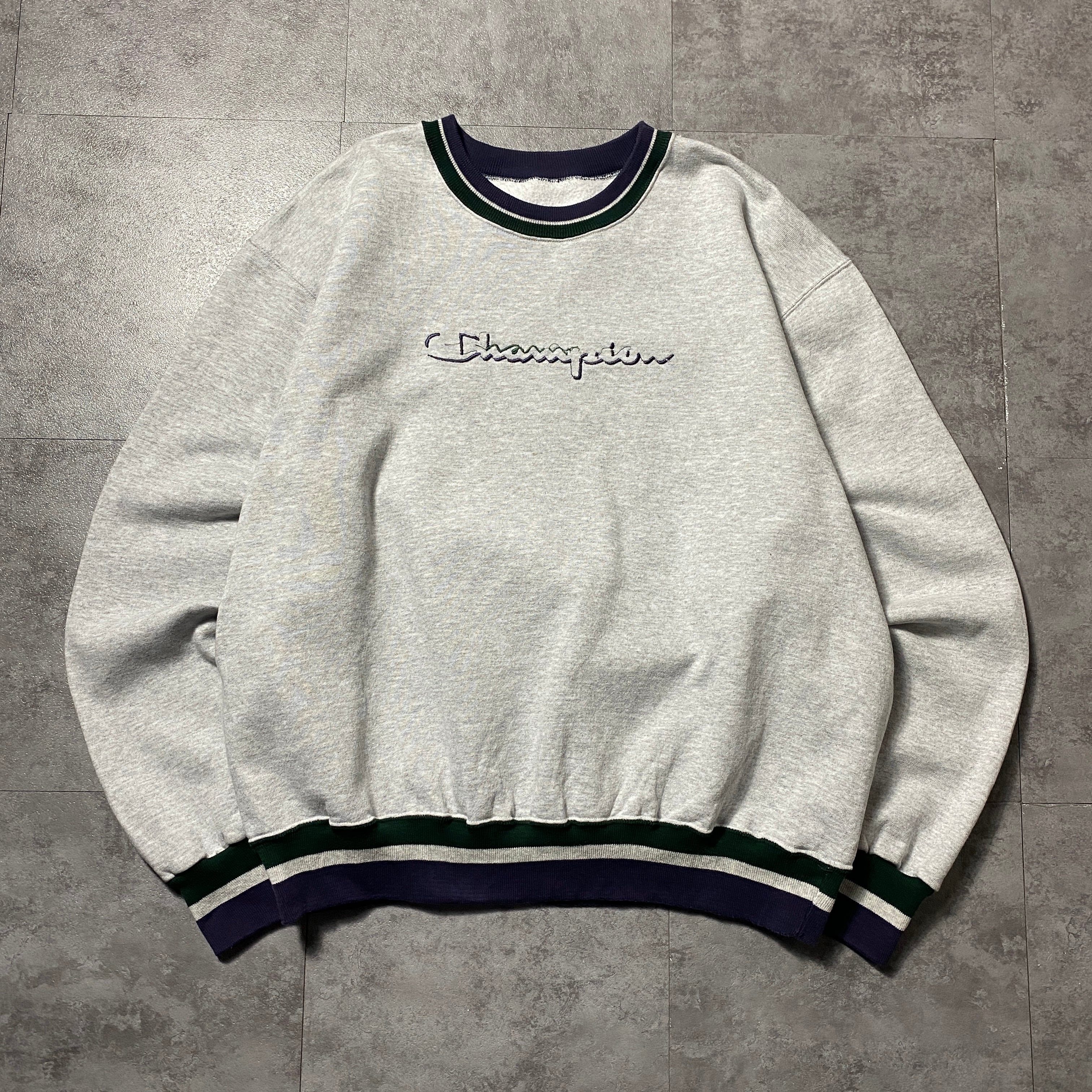 90's 00's Champion チャンピオン 刺繍ロゴ ラインリブ グレー