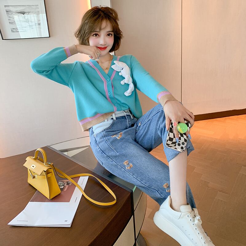 ニットカーディガンプリント柄カジュアルジーンズ オータム 秋物 MIUCO20086651145