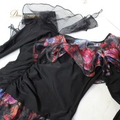 【美品 社交ダンス衣装】ワンピース ドレス leirena レイリーナ 黒 ブラック フロート 赤 青 紫 レッド ブルー パープル 長袖