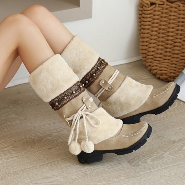 girly cute lace-up fur ball winter boots 【4color】0848