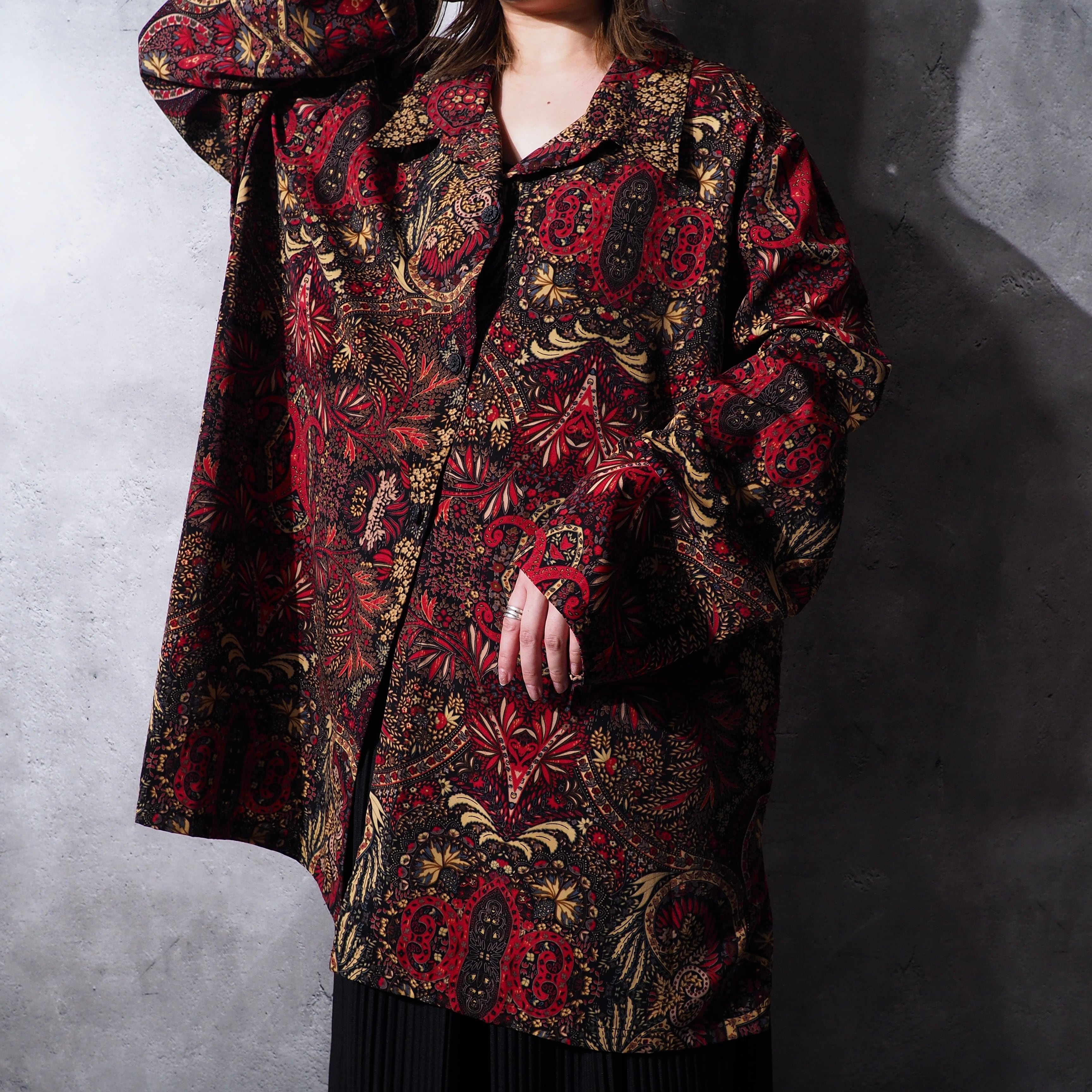 1990s Dark ethnic tribal art pattern Design vintage Drape loose shirt