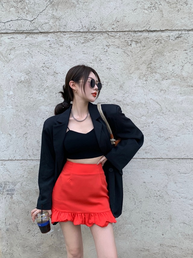 スカート ハイウェスト薄手ショートサマーレッド 夏物 ブラックストロベリース47422703782