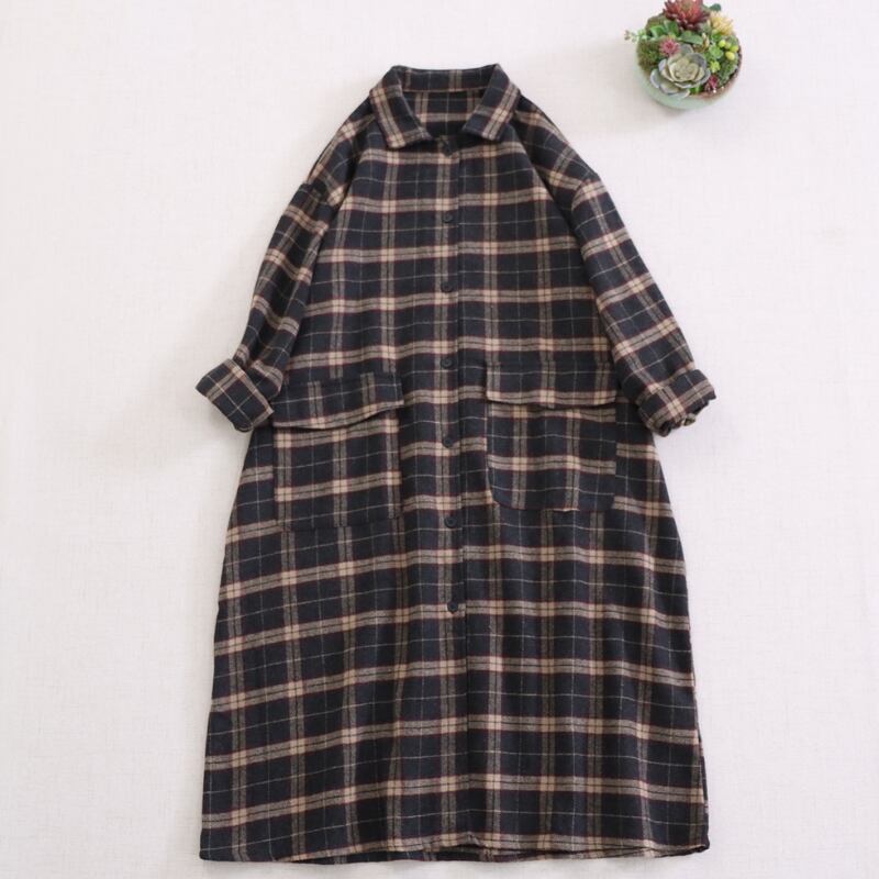 長袖 チェック柄 Aライン シャツワンピース 1065