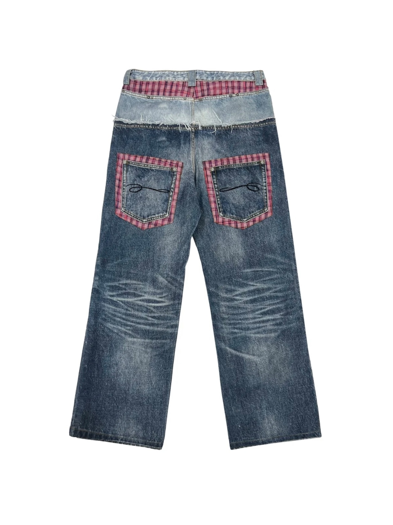【TecNineGroup】PLAID DOUBLE-WAIST JEANS
