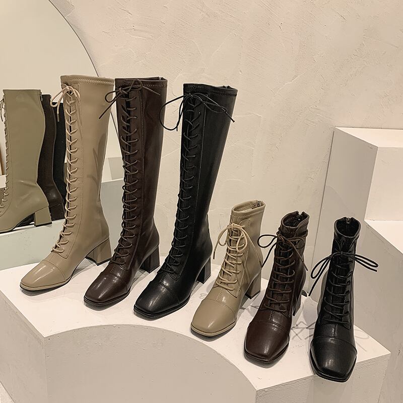 ブーツスキニーレディースウィンタースタンダードヒールソリッド カラー レトロ 靴 シューズ 冬物 ソリッドカラー スクウェア フェイクシューズ62995573869