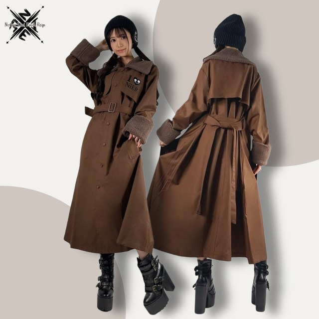《秋冬先取り66%OFFプレゼント》ボア襟付き春用BROWN LONG COAT【NIER刺繍入り】
